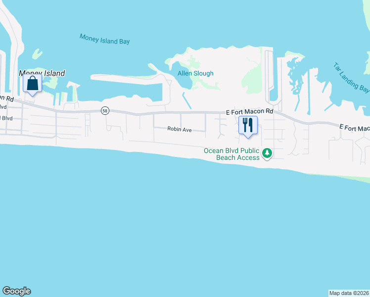 map of restaurants, bars, coffee shops, grocery stores, and more near 302 Club Colony Drive in Atlantic Beach