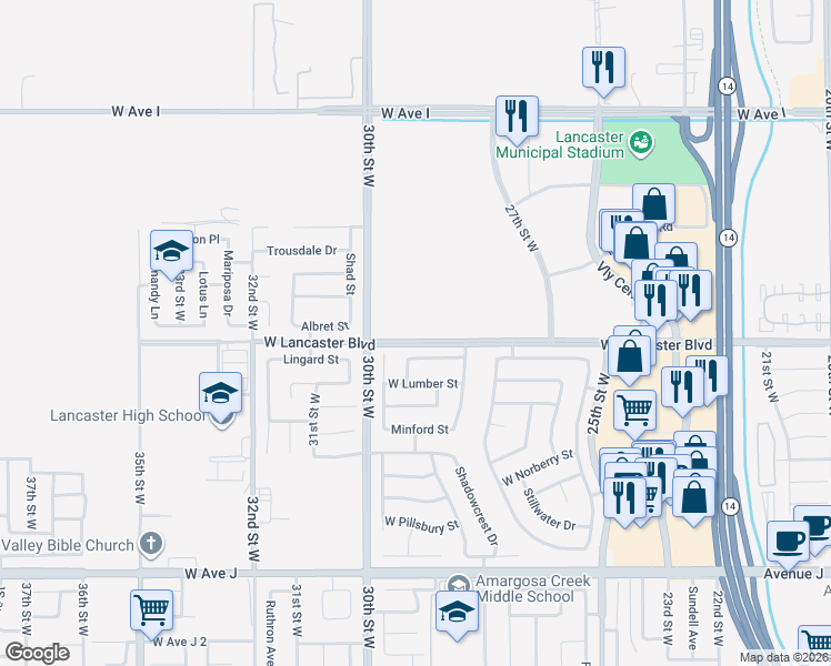 map of restaurants, bars, coffee shops, grocery stores, and more near 2821 West Lingard Street in Lancaster