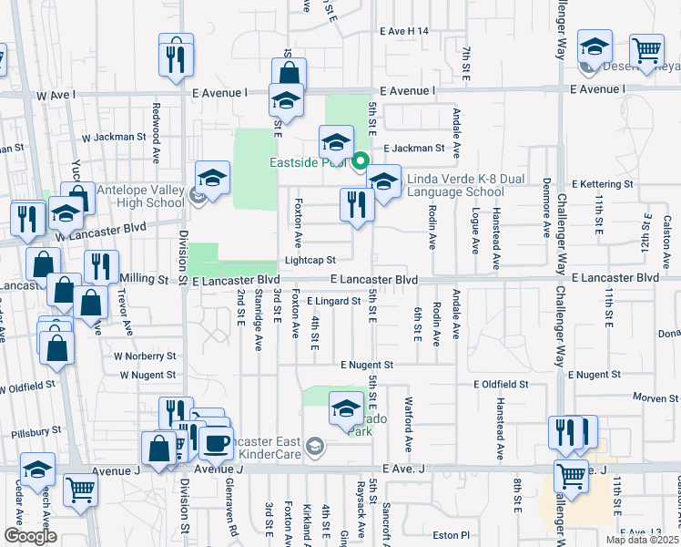 map of restaurants, bars, coffee shops, grocery stores, and more near 451 East Lancaster Boulevard in Lancaster