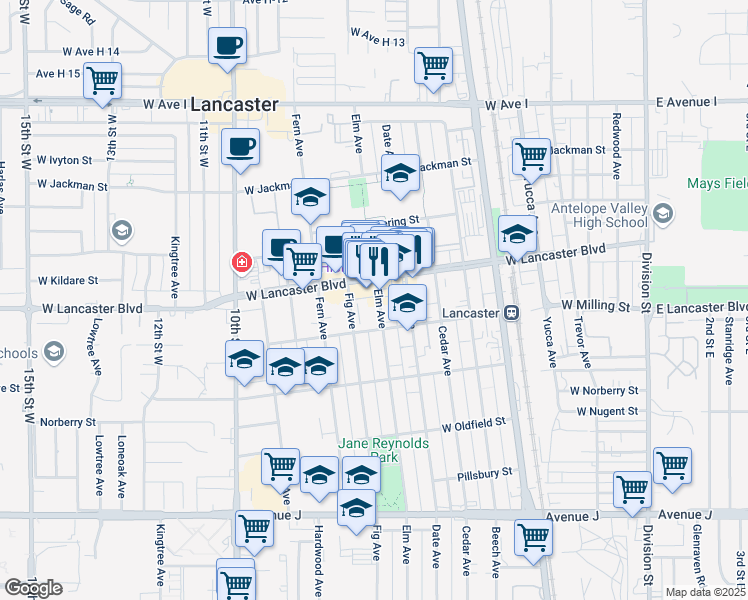 map of restaurants, bars, coffee shops, grocery stores, and more near 44825 Elm Avenue in Lancaster