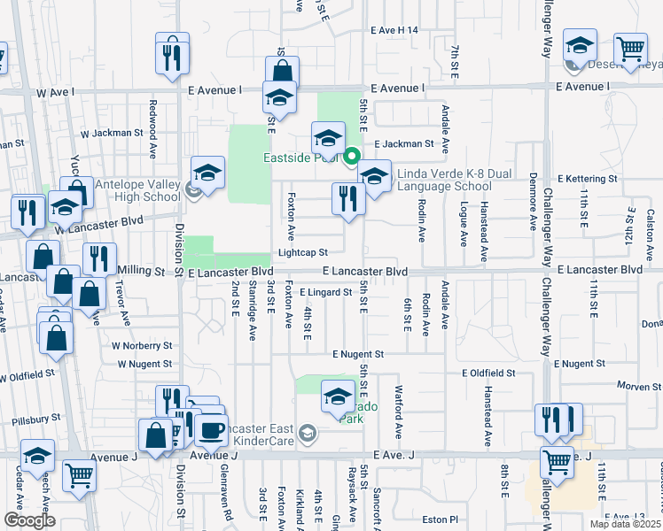 map of restaurants, bars, coffee shops, grocery stores, and more near 451 East Lancaster Boulevard in Lancaster