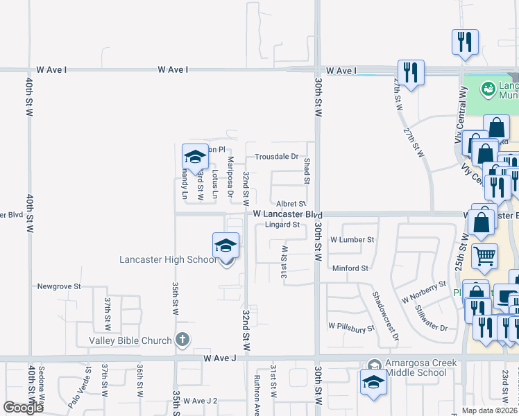 map of restaurants, bars, coffee shops, grocery stores, and more near 44814 Ruthron Avenue in Lancaster