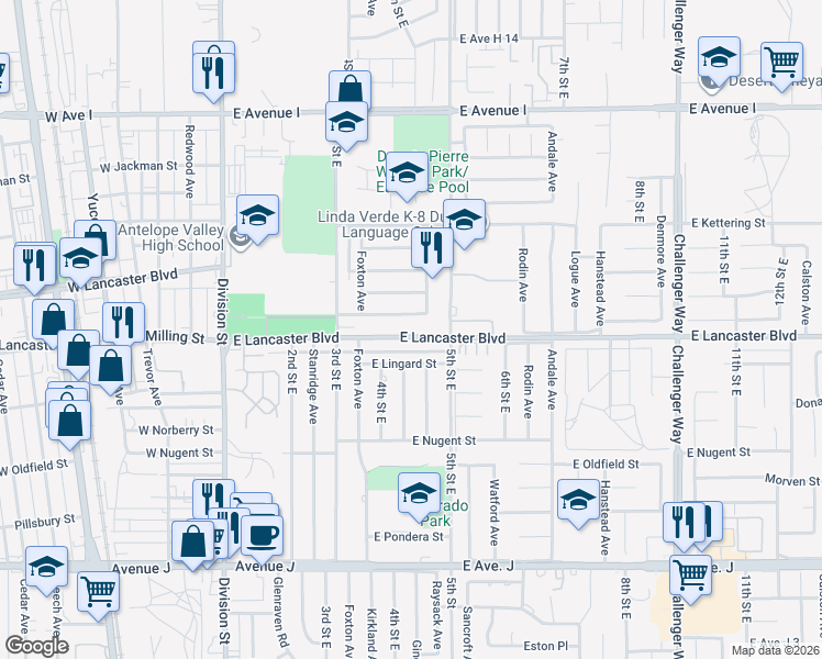 map of restaurants, bars, coffee shops, grocery stores, and more near 453 East Lancaster Boulevard in Lancaster