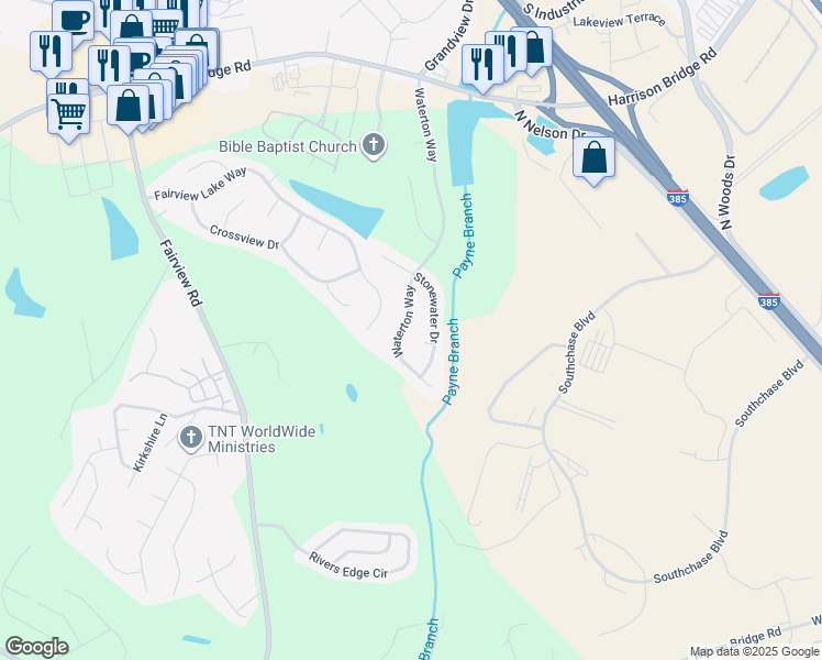 map of restaurants, bars, coffee shops, grocery stores, and more near 5 Shadowlawn Way in Simpsonville