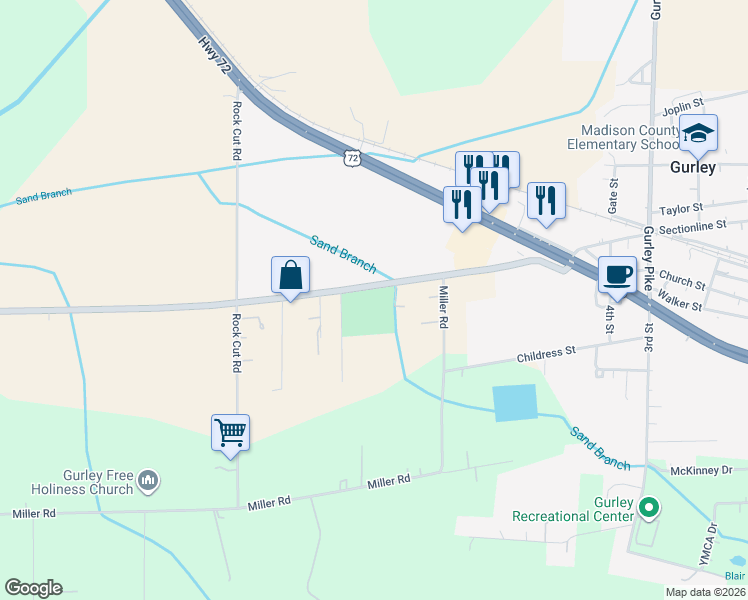 map of restaurants, bars, coffee shops, grocery stores, and more near 280 Little Cove Road in Gurley