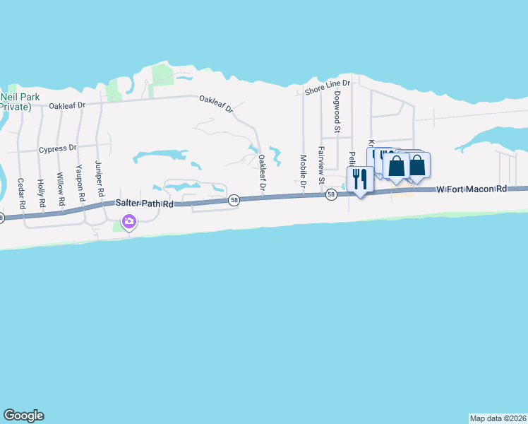 map of restaurants, bars, coffee shops, grocery stores, and more near 119 Salter Path Road in Pine Knoll Shores