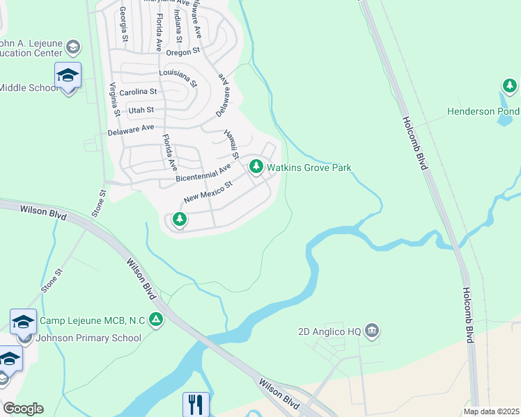 map of restaurants, bars, coffee shops, grocery stores, and more near 6858 Montana Street in Camp Lejeune