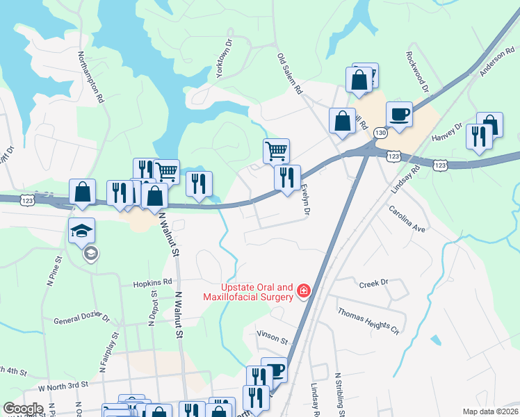 map of restaurants, bars, coffee shops, grocery stores, and more near 445 U.S. 123 in Seneca