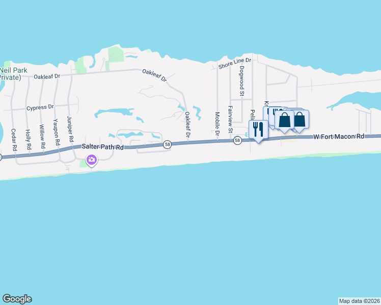 map of restaurants, bars, coffee shops, grocery stores, and more near 119 Salter Path Road in Pine Knoll Shores
