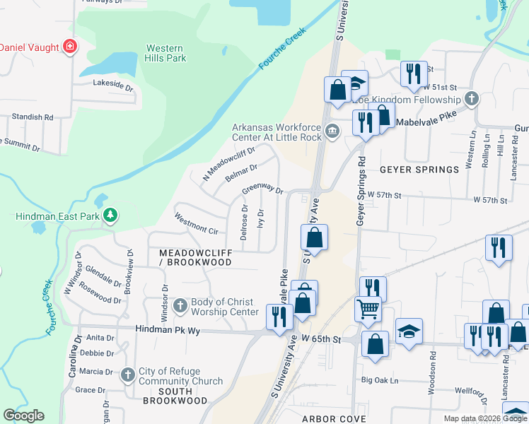 map of restaurants, bars, coffee shops, grocery stores, and more near 21 Ivy Drive in Little Rock