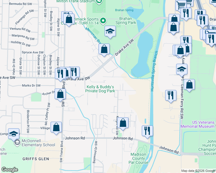 map of restaurants, bars, coffee shops, grocery stores, and more near 2907 Hood Road Southwest in Huntsville