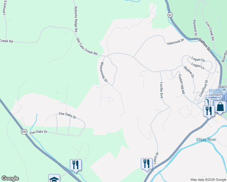 map of restaurants, bars, coffee shops, grocery stores, and more near 364 Westwoods Drive in Ellijay