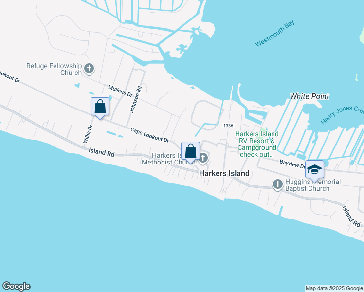 map of restaurants, bars, coffee shops, grocery stores, and more near 543 Cape Lookout Drive in Harkers Island