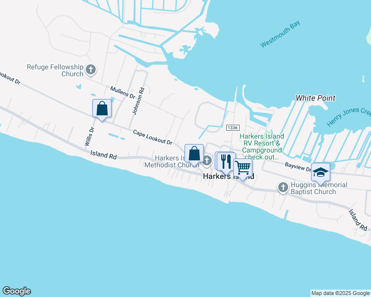 map of restaurants, bars, coffee shops, grocery stores, and more near 543 Cape Lookout Drive in Harkers Island