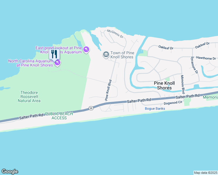map of restaurants, bars, coffee shops, grocery stores, and more near 116 Evergreen Lane in Pine Knoll Shores