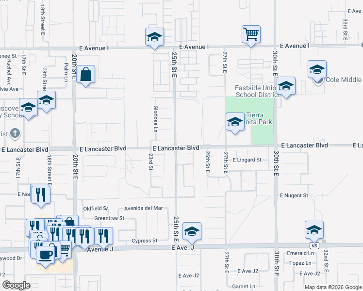 map of restaurants, bars, coffee shops, grocery stores, and more near 2515 East Avenue I in Lancaster