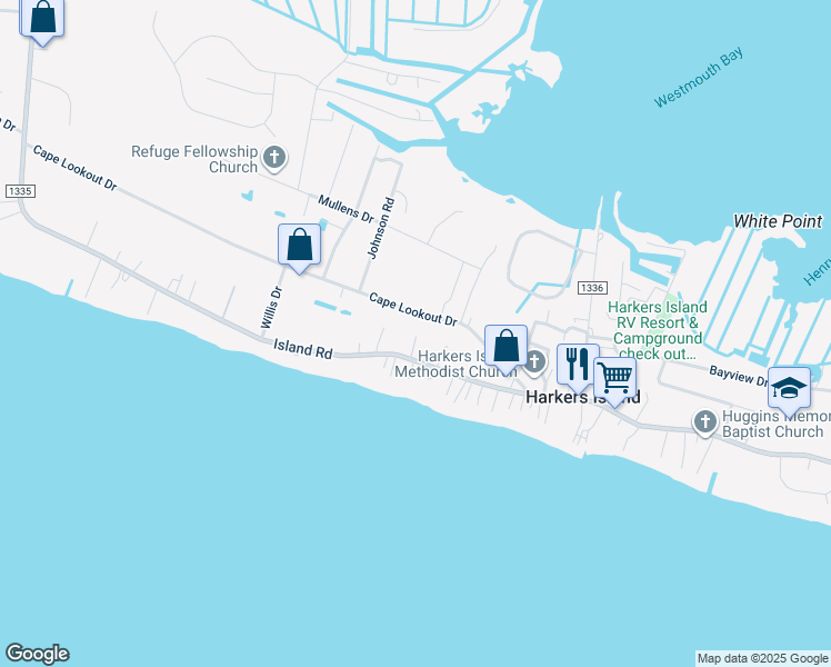 map of restaurants, bars, coffee shops, grocery stores, and more near 829 Island Road in Harkers Island