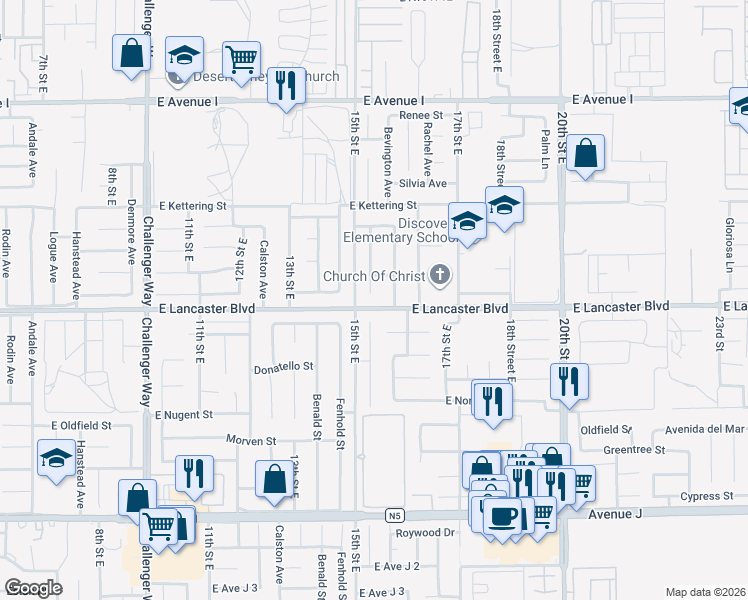 map of restaurants, bars, coffee shops, grocery stores, and more near 44810 Rock Island Drive in Lancaster