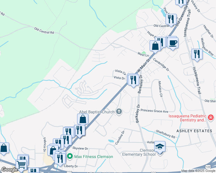 map of restaurants, bars, coffee shops, grocery stores, and more near 655 Old Greenville Highway in Clemson
