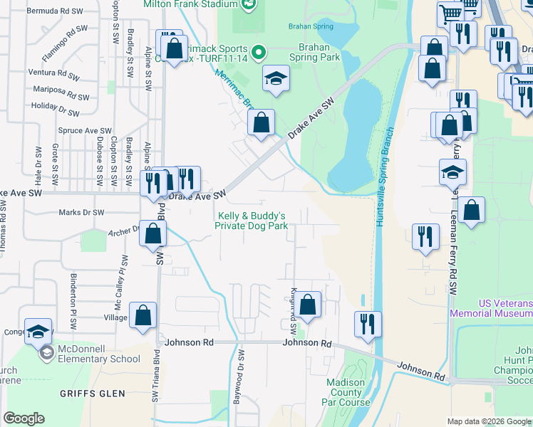 map of restaurants, bars, coffee shops, grocery stores, and more near 2907 Hood Road Southwest in Huntsville