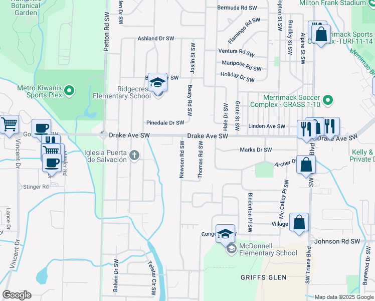 map of restaurants, bars, coffee shops, grocery stores, and more near 3901 Newson Road Southwest in Huntsville