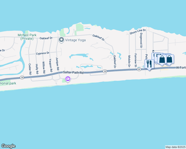 map of restaurants, bars, coffee shops, grocery stores, and more near 114 Roosevelt Drive in Pine Knoll Shores