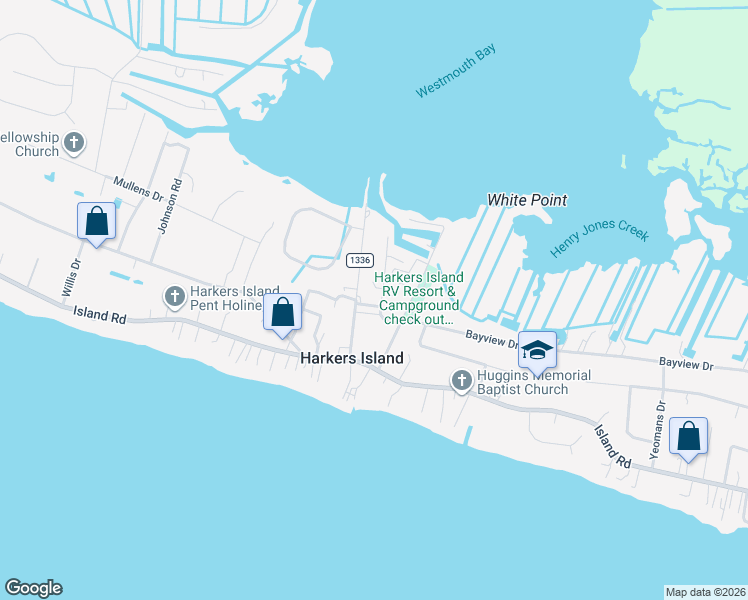 map of restaurants, bars, coffee shops, grocery stores, and more near 101-131 Fulford Dr in Harkers Island