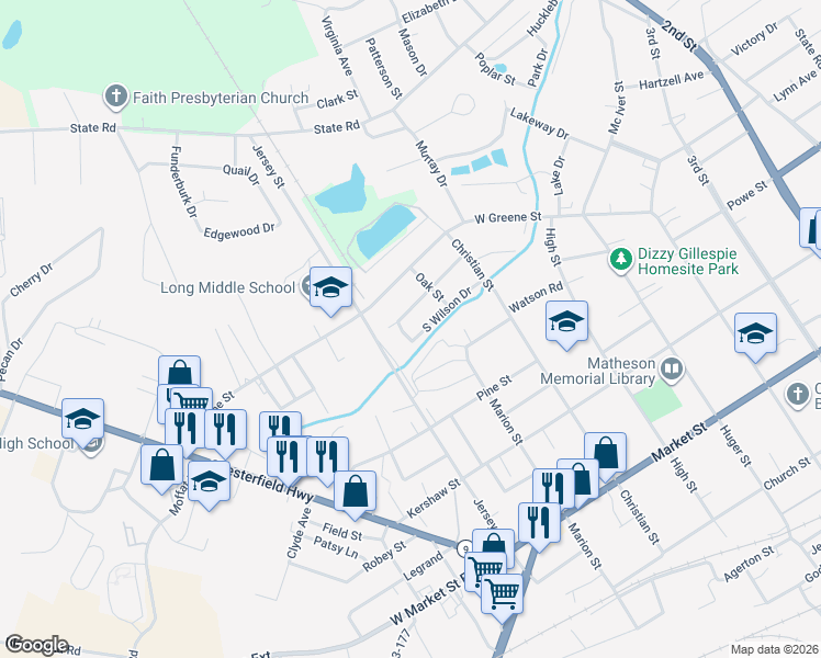 map of restaurants, bars, coffee shops, grocery stores, and more near 801-899 South Wilson Drive in Cheraw