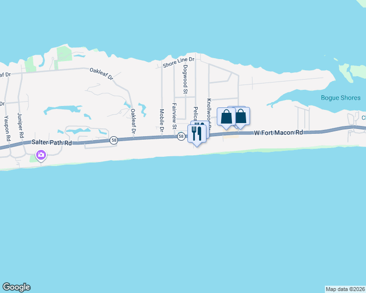 map of restaurants, bars, coffee shops, grocery stores, and more near 101 Salter Path Road in Pine Knoll Shores