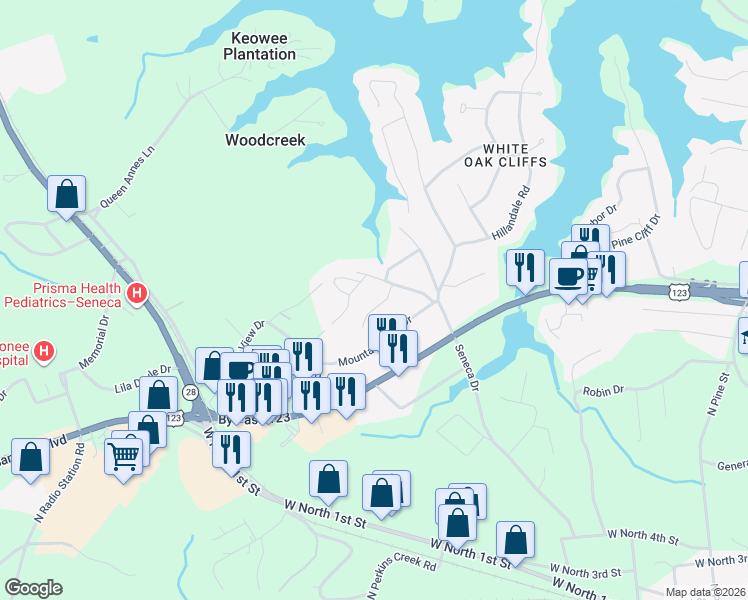 map of restaurants, bars, coffee shops, grocery stores, and more near 421 Mountain View Drive in Seneca