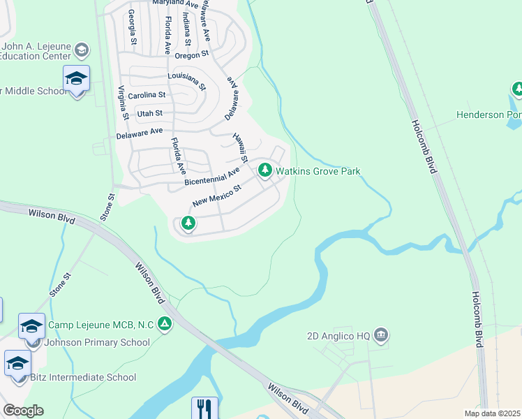 map of restaurants, bars, coffee shops, grocery stores, and more near 6851 Montana Street in Camp Lejeune