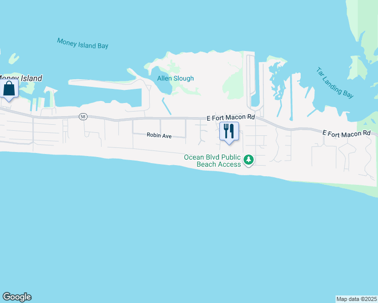 map of restaurants, bars, coffee shops, grocery stores, and more near 401 Club Colony Drive in Atlantic Beach