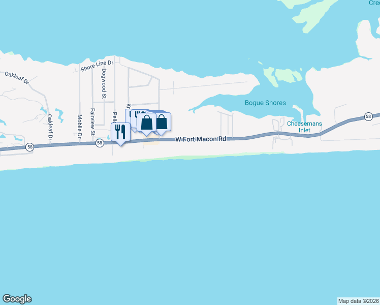 map of restaurants, bars, coffee shops, grocery stores, and more near 2401 West Fort Macon Road in Atlantic Beach