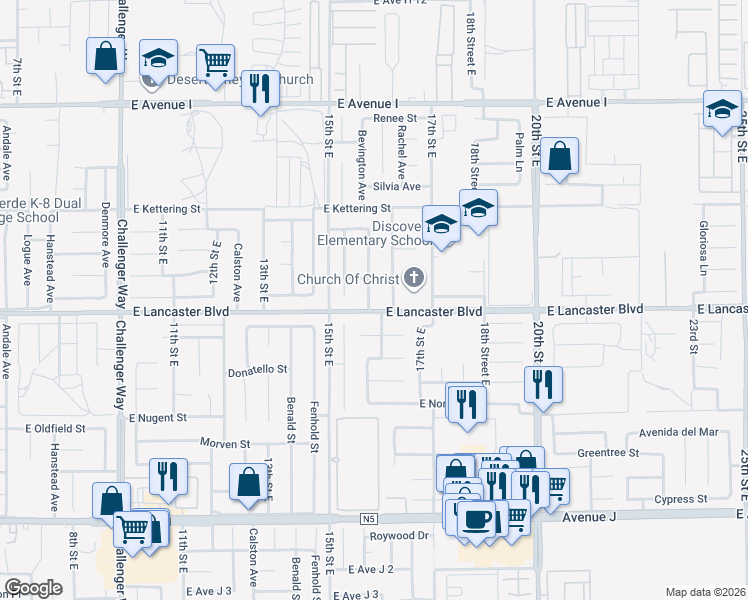 map of restaurants, bars, coffee shops, grocery stores, and more near 44808 Caboose Drive in Lancaster