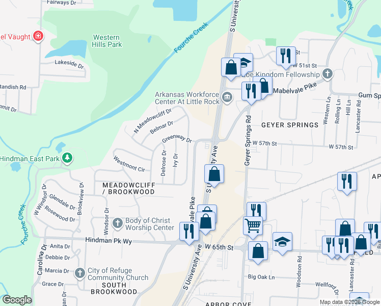 map of restaurants, bars, coffee shops, grocery stores, and more near 1 South Meadowcliff Drive in Little Rock