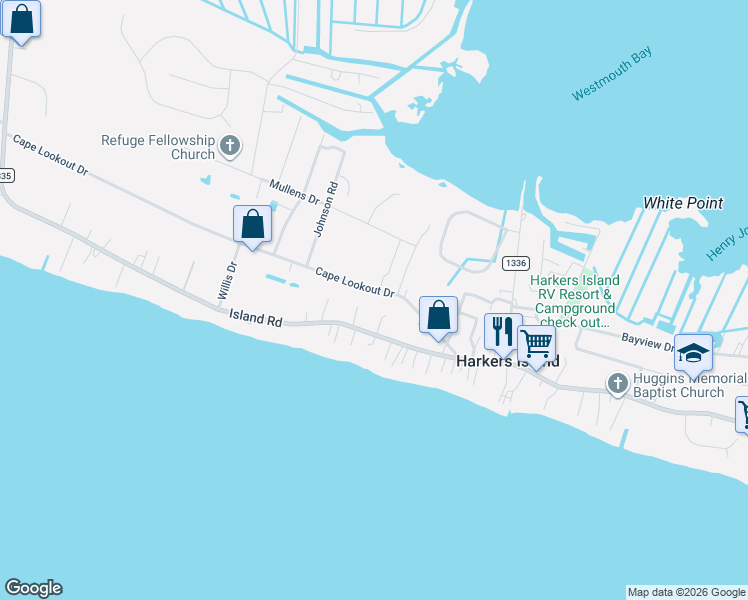 map of restaurants, bars, coffee shops, grocery stores, and more near 422-598 Cape Lookout Dr in Harkers Island