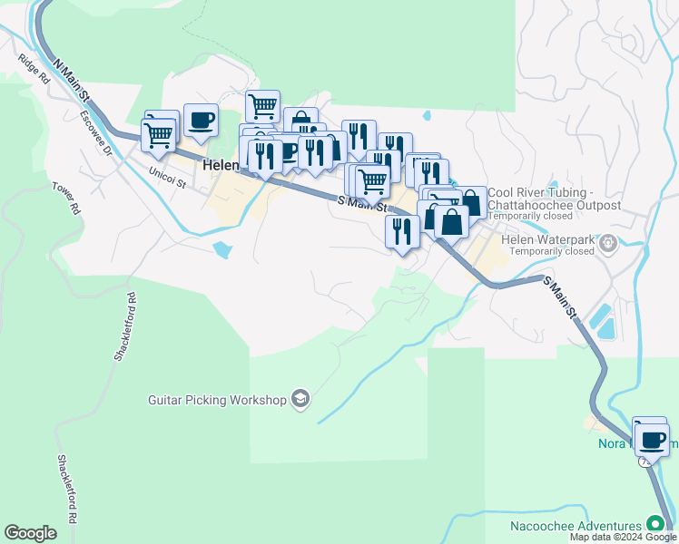 map of restaurants, bars, coffee shops, grocery stores, and more near 49 Baum Weg in Helen