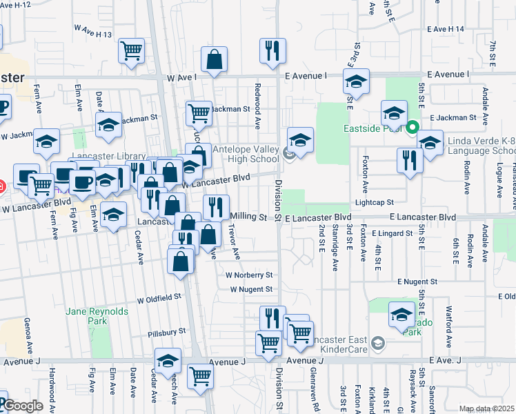 map of restaurants, bars, coffee shops, grocery stores, and more near 44843 Division Street in Lancaster