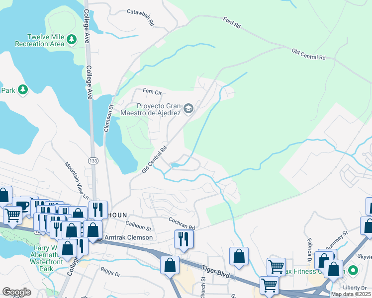 map of restaurants, bars, coffee shops, grocery stores, and more near 500 Old Central Road in Clemson