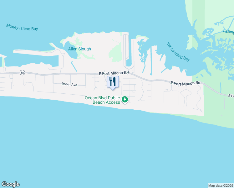 map of restaurants, bars, coffee shops, grocery stores, and more near 1400 East Fort Macon Road in Atlantic Beach