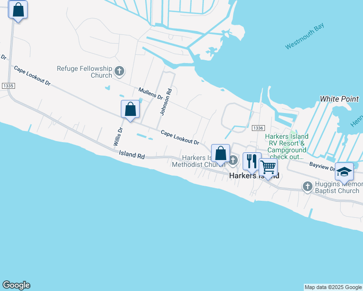map of restaurants, bars, coffee shops, grocery stores, and more near 829 Island Road in Harkers Island