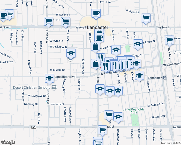 map of restaurants, bars, coffee shops, grocery stores, and more near 11th Street West in Lancaster