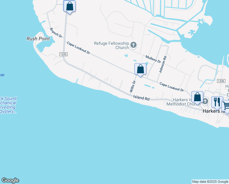 map of restaurants, bars, coffee shops, grocery stores, and more near 645 Island Road in Harkers Island