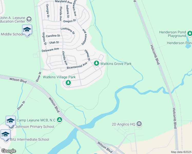 map of restaurants, bars, coffee shops, grocery stores, and more near 6853 Montana Street in Camp Lejeune