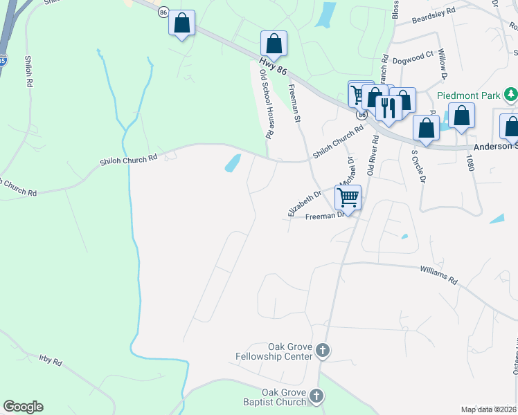 map of restaurants, bars, coffee shops, grocery stores, and more near 205 Shiloh Church Road in Piedmont