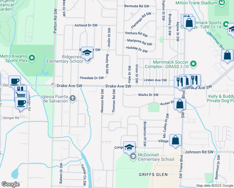 map of restaurants, bars, coffee shops, grocery stores, and more near 3807 Thomas Road Southwest in Huntsville