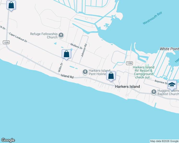 map of restaurants, bars, coffee shops, grocery stores, and more near 422-598 State Road 1337 in Harkers Island