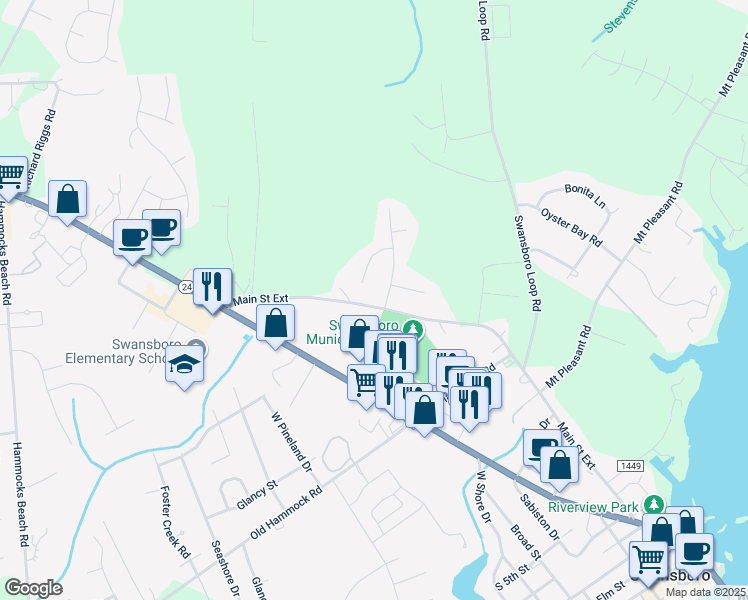 map of restaurants, bars, coffee shops, grocery stores, and more near 903 Main Street Ext in Swansboro