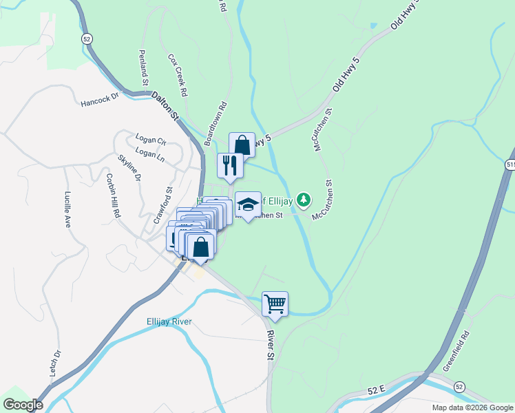 map of restaurants, bars, coffee shops, grocery stores, and more near 75 McCutchen Street in Ellijay