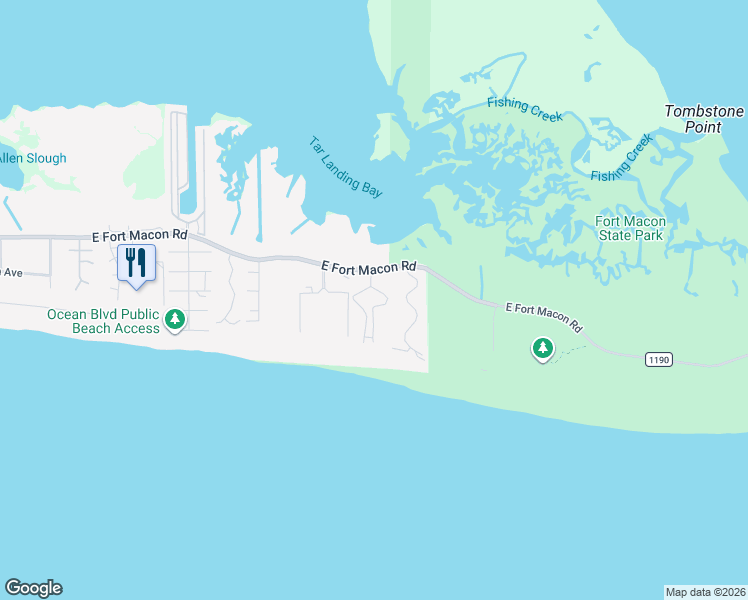 map of restaurants, bars, coffee shops, grocery stores, and more near 1100 East Fort Macon Road in Atlantic Beach